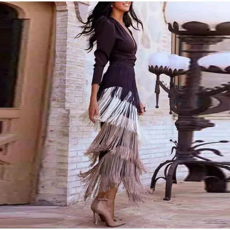 Women Stacked Tassel Maxi Dress Elegant Deep V Neck Full Sleeve Slim Fit Long Gowns Lady New Evening Party Fashion Robes 2025