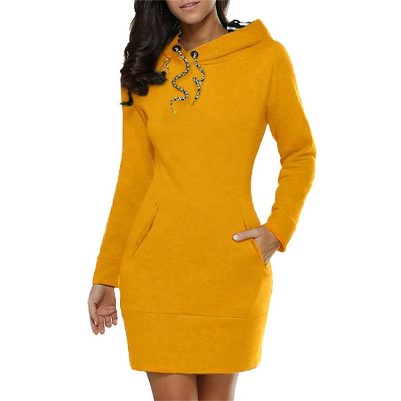 Hoodie Dress Casual Solid Colour Long Sleeve Drawstring Hoodie Dress Slim Hooded Pullover Sweatshirt Dress SS69