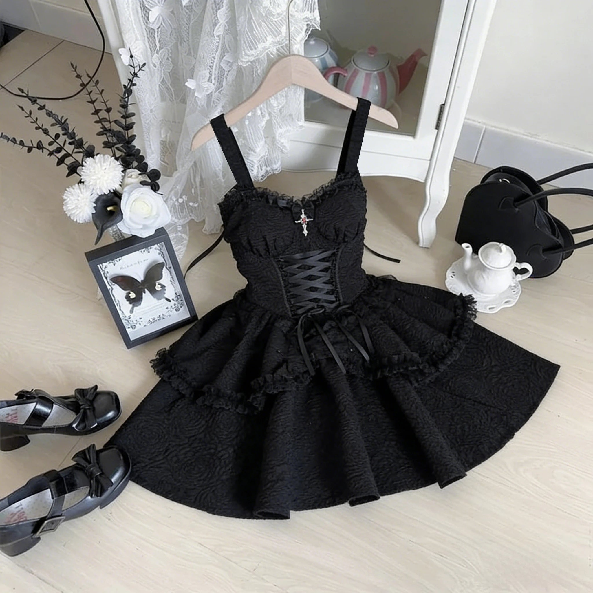 Y2K Lolita Vintage Dress Lace Sleeveless Cosplay Clothing French Strap Elegant Girls Party Japanese Kawaii Dress 2026 Summer