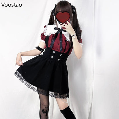 Gothic Y2k Lolita Shirt Japanese Harajuku Girls Sweet Lace Ruffles Bow Puff Sleeve Blouses Women Punk Clothes Tops Blusas Mujer SS69