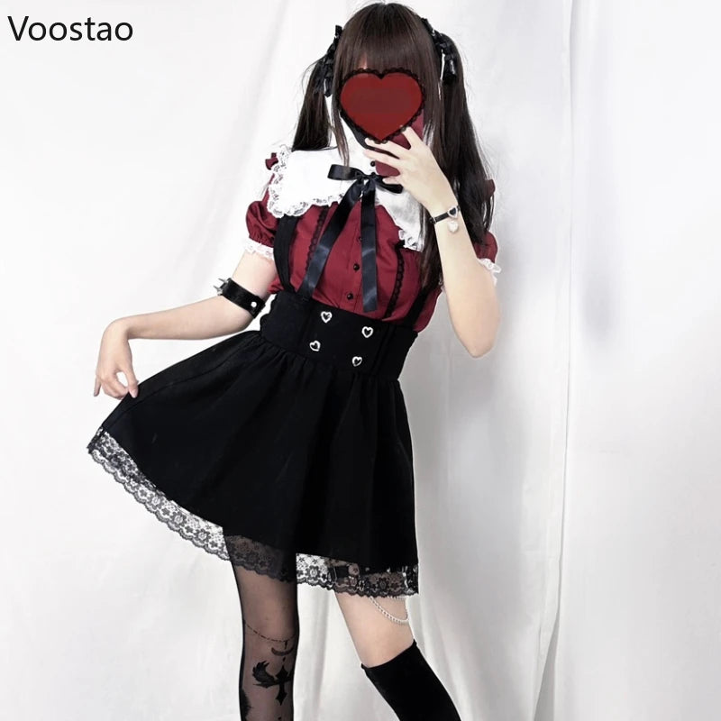 Gothic Y2k Lolita Shirt Japanese Harajuku Girls Sweet Lace Ruffles Bow Puff Sleeve Blouses Women Punk Clothes Tops Blusas Mujer SS69