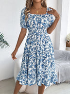 Summer Women's Beach Dress Floral 3D Print Square Neck Short-Sleeved Ladies Waist Ruffled A-Line Dress For Women Holiday Dresses
