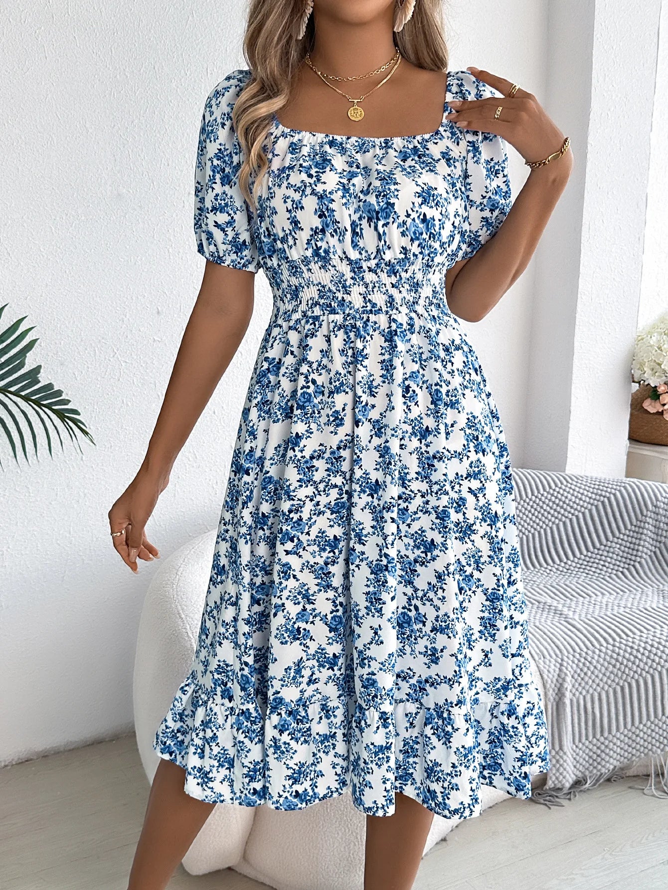 Summer Women's Beach Dress Floral 3D Print Square Neck Short-Sleeved Ladies Waist Ruffled A-Line Dress For Women Holiday Dresses