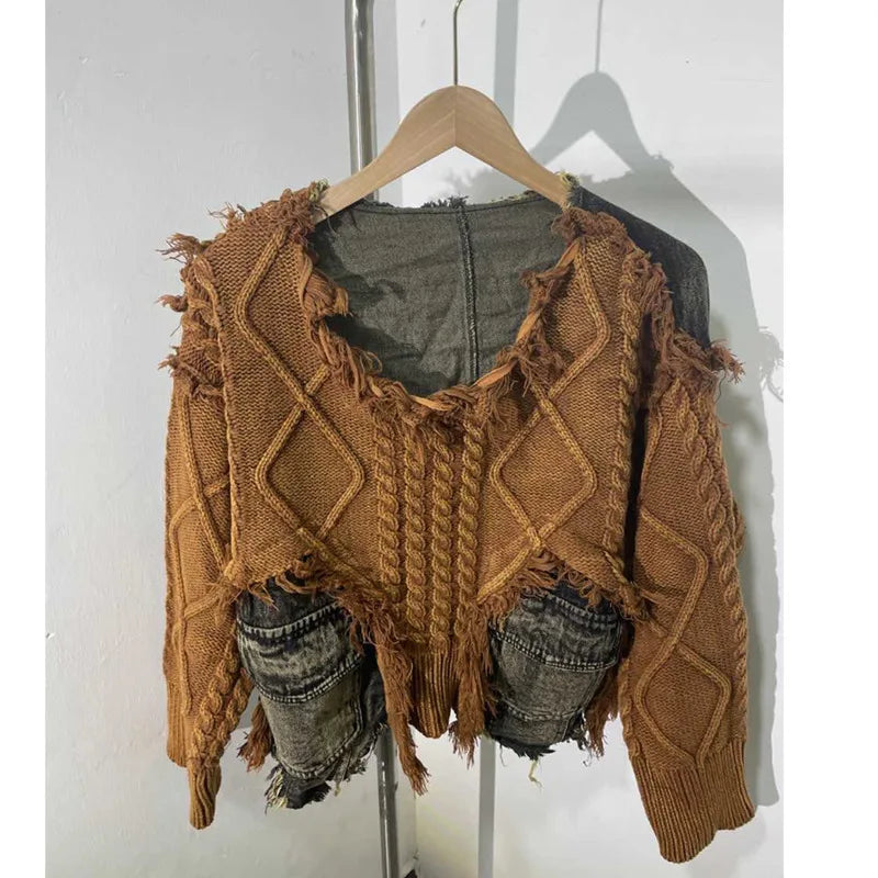 [EWQ] Vintage Long Sleeve Denim Pockets Patchwork V-Neck Orange-red Sweater Loose Tops Old Designs Women Pullover Knitted 6U1329 SS69