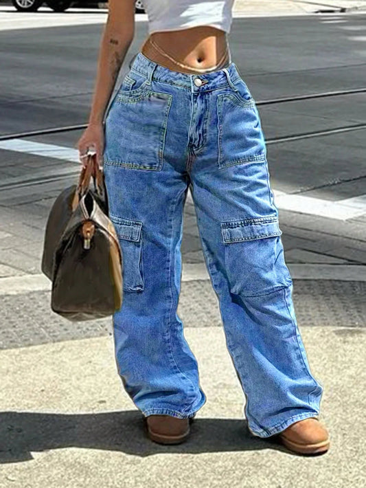 Women Non-Stretch Straight-Leg Jeans Casual Button Zipper Denim Pants With Pockets Fashion Solid Color Street Cargo Jeans SS69 31.69 blue / S