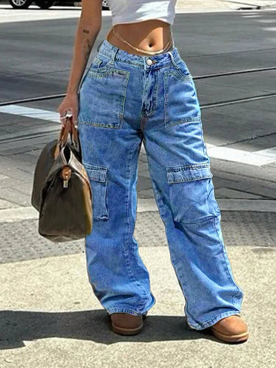 Women Non-Stretch Straight-Leg Jeans Casual Button Zipper Denim Pants With Pockets Fashion Solid Color Street Cargo Jeans SS69 31.69 blue / S