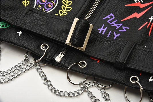 Fashion chain beading leather jacket Locomotive graffiti cartoon pu Leather Jacket female Punk Motorcyle Jacket with belt F2161 SS69