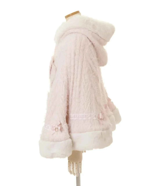 Japanese Sweet Soft Thick Women's Double-Layer Big Ribbon Hooded Knitted Cloak 3 Colors Autumn and Winter Ponchos Warm Jacket