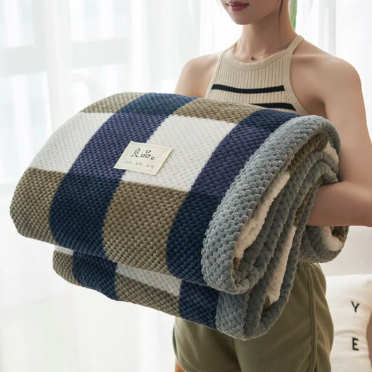 SS69 Handmade Chenille Knit Throw Blanket, Plaid Pattern, Machine Washable