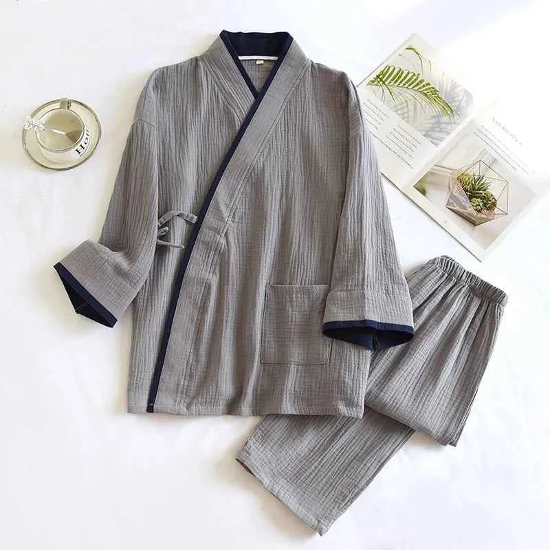 Japanese Style Spring and Autumn Thin Men's Kimono Hanfu Pure Cotton Gauze Pajamas Plus Size Home Steaming Suit