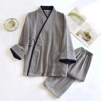 Japanese Style Spring and Autumn Thin Men's Kimono Hanfu Pure Cotton Gauze Pajamas Plus Size Home Steaming Suit