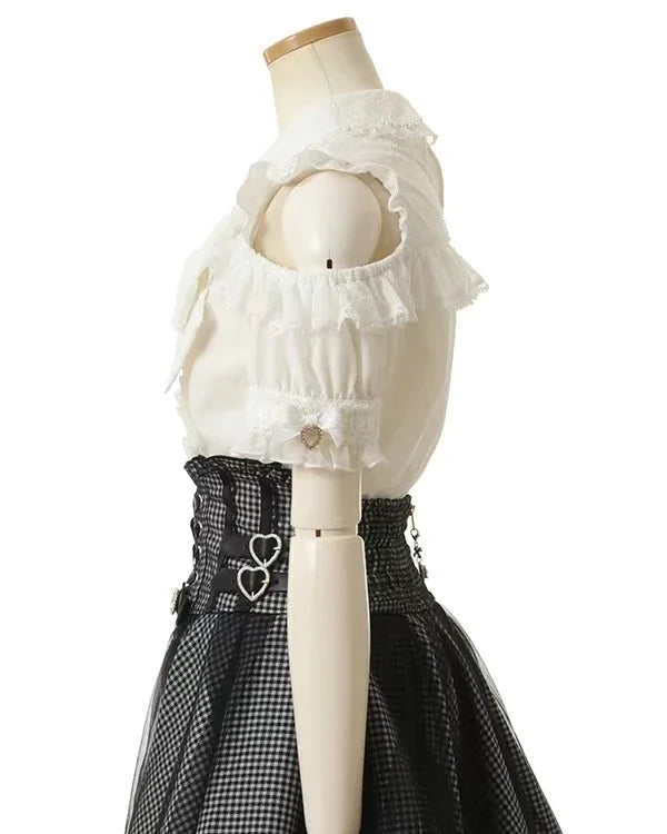 Japanese Liz Mine Women's Shirt Summer Off Shoulder Big Bow Short Sleeve Top Cute Girl BlousesHigh Waist Skirt 2 Piece Skirt Set SS69