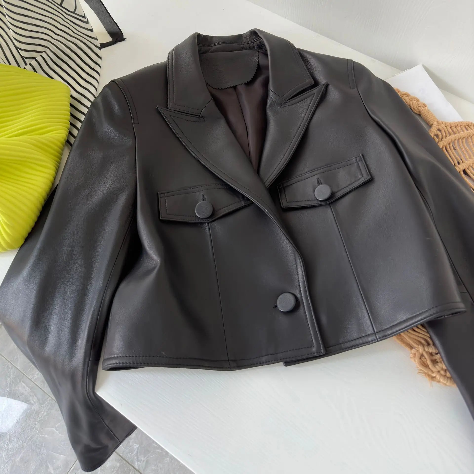 Women's Genuine Sheepskin Leather Blazer Jacket - Pink, Single Button
