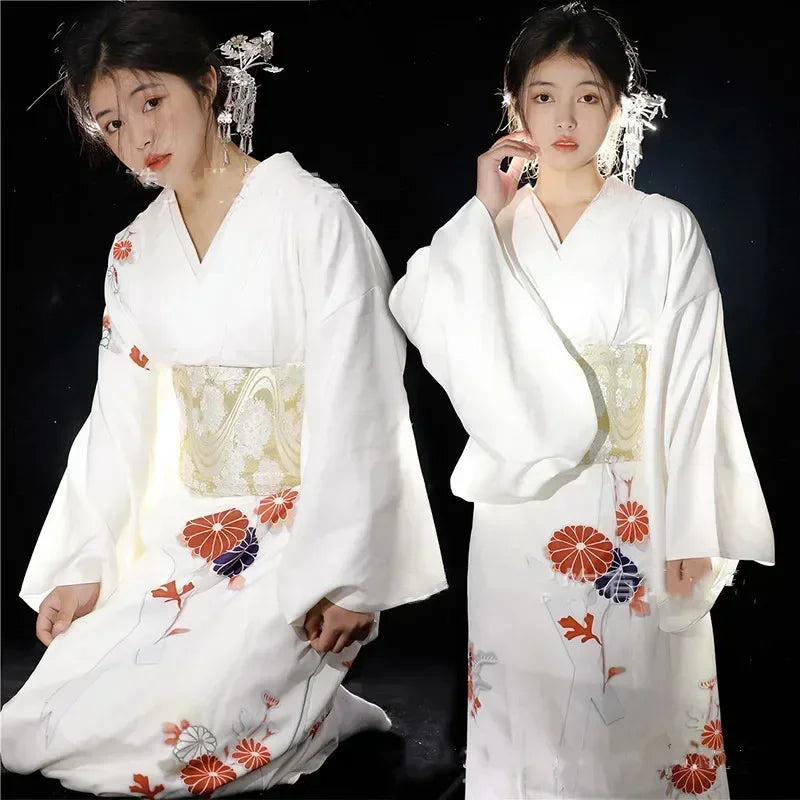 Women's Traditional Japanese Kimono Yukata Ankle-Length Floral Dress