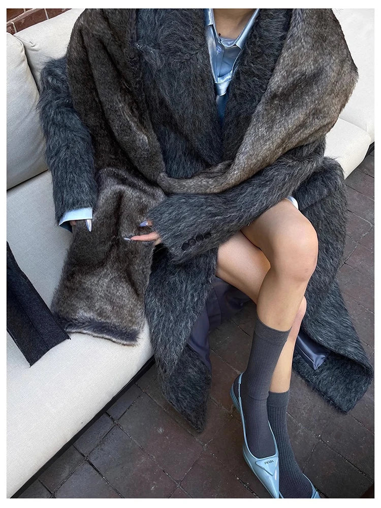 Mauroicardi Autumn Winter Oversized Extra Long Warm Thick Gray Wool & Blends Coat Women Loose Casual Fluffy Korean Fashion 2024