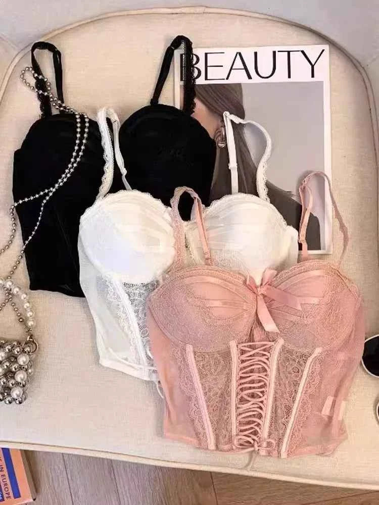 Thai Niche Style Halter Sexy Top & Vest Set Lace Boned Underbust Crop Top Pure Sweet Look Summer Fashion Layering Set UK MOYISU