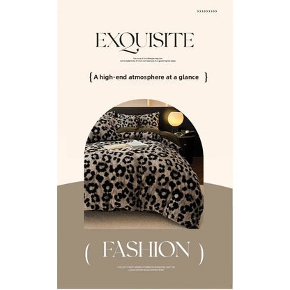 Four-piece Set Thickened Thermal Fleece Flange Coral Fleece Class A Leopard Print Rabbit Plush Quilt Cover Pillowcase Bed Sheet