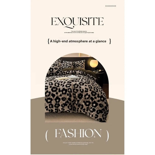 Four-piece Set Thickened Thermal Fleece Flange Coral Fleece Class A Leopard Print Rabbit Plush Quilt Cover Pillowcase Bed Sheet