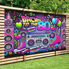 Retro 80s party background - polyester background, neon lights, tapes, amplifiers and the text "Back to the 80s"