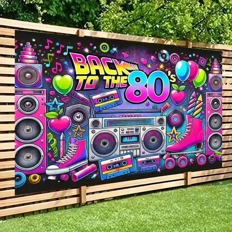 Retro 80s party background - polyester background, neon lights, tapes, amplifiers and the text "Back to the 80s"