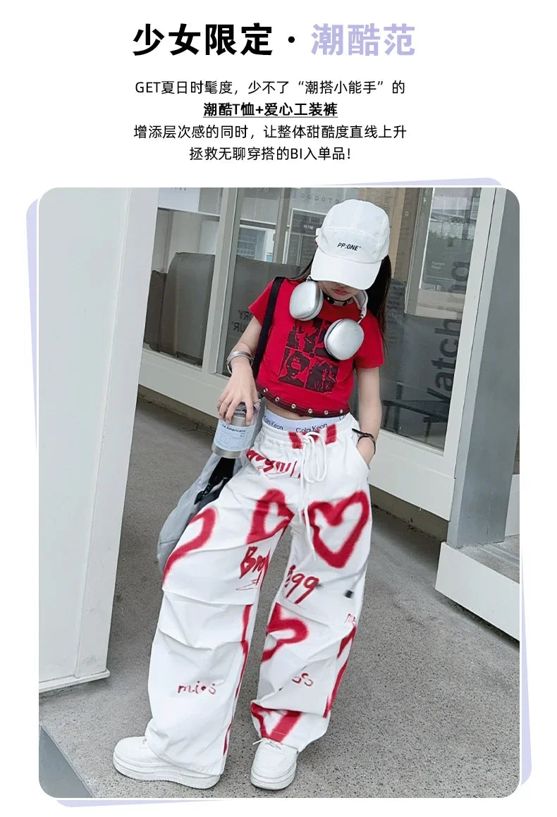 summer junior Girls Love Graffiti Casual Pants teenager girl Casual Hip Hop cargo pants kids Dance pants children clothes SS69