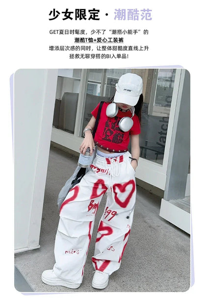 summer junior Girls Love Graffiti Casual Pants teenager girl Casual Hip Hop cargo pants kids Dance pants children clothes SS69