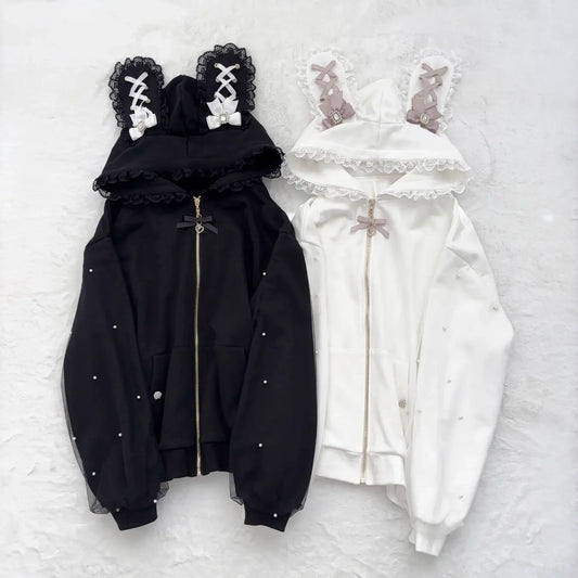 CHUJIECN Japanese Kawaii Bunny Ear Hoodie Women Lace Zipper Jacket