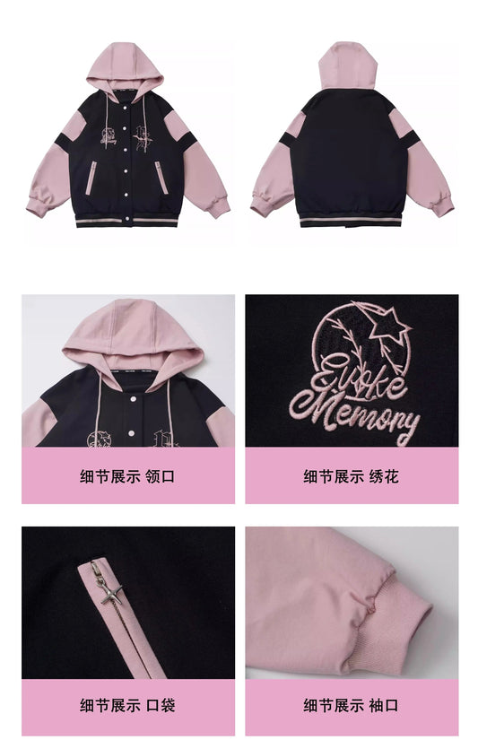 Pink and Black Splicing Color Hooded Baseball Jacket Casual Pant Sets 2025 Spring and Autumn Sweet Cool Girl Students Outfits SS69