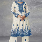 Plus Size Women's Off-White and Black Printed Three-Piece Set Ethnic Style Crew Neck Long Top Wide-Leg Pants and Headscarf Set