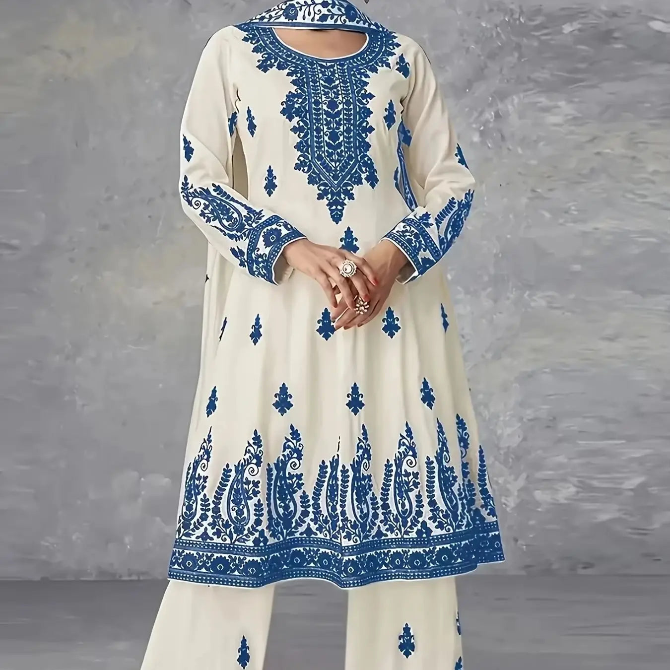 Plus Size Women's Off-White and Black Printed Three-Piece Set Ethnic Style Crew Neck Long Top Wide-Leg Pants and Headscarf Set