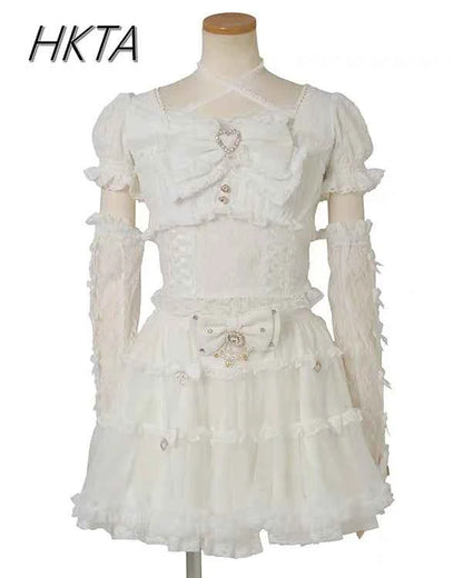 Japanese Sweet Heavy Industry Splicing Sleeve Strap Lace Bow Lace Shirt Summer Autumn New Elastic Slim Long-sleeve Tshirt Top