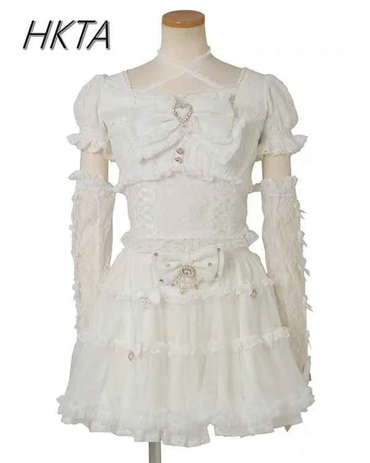Japanese Sweet Heavy Industry Splicing Sleeve Strap Lace Bow Lace Shirt Summer Autumn New Elastic Slim Long-sleeve Tshirt Top