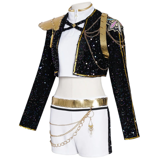 Kids Rumi Zoey Mira Cosplay KPop Demon Hunters Costume Women Girls Black Golden Suit Saja Boys Halloween Role Playing Outfits