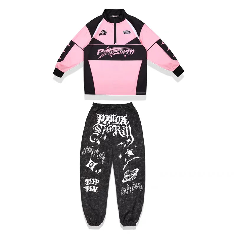 Hip Hop Dance Costume for Girls Pink Tops Black Pants Teenagers Boys Jazz Dance Performance Clothes Kpop Outfits Kids Stage Wear SS69 79.69 boy sets A / 170