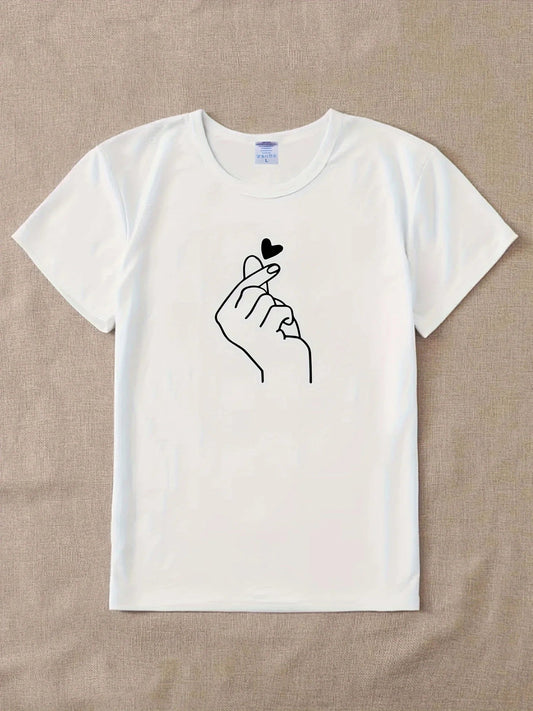 Cute Print Solid Crew Neck T-Shirt, Short Sleeve Casual Every Day Top For All Season, Women's Clothing SS69