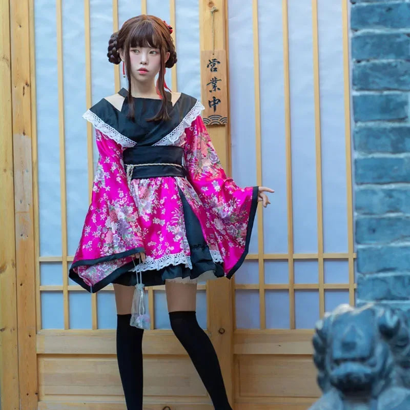 Traditional Japanese Kimono Dress for Women - Printed Pink