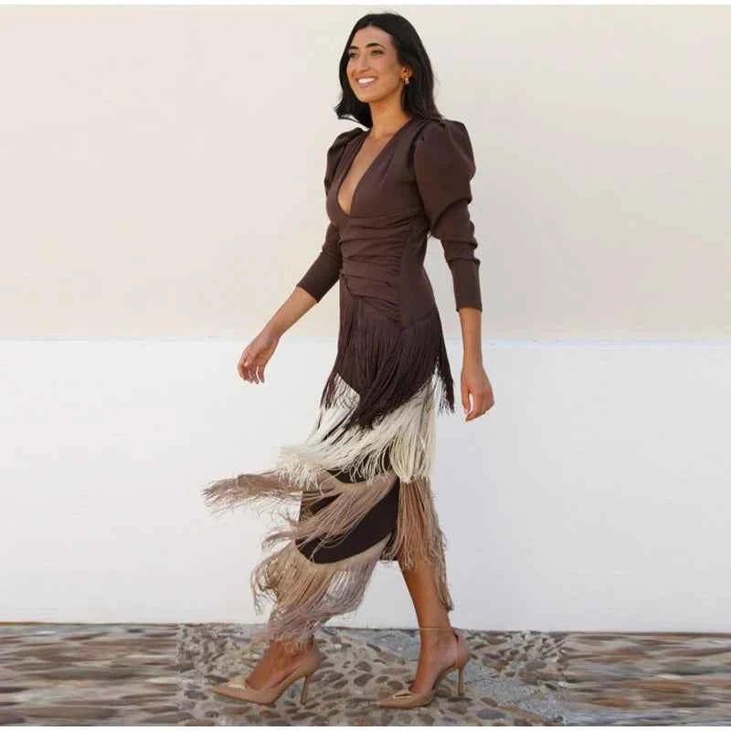 Women Stacked Tassel Maxi Dress Elegant Deep V Neck Full Sleeve Slim Fit Long Gowns Lady New Evening Party Fashion Robes 2025
