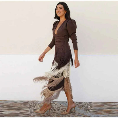 Women Stacked Tassel Maxi Dress Elegant Deep V Neck Full Sleeve Slim Fit Long Gowns Lady New Evening Party Fashion Robes 2025