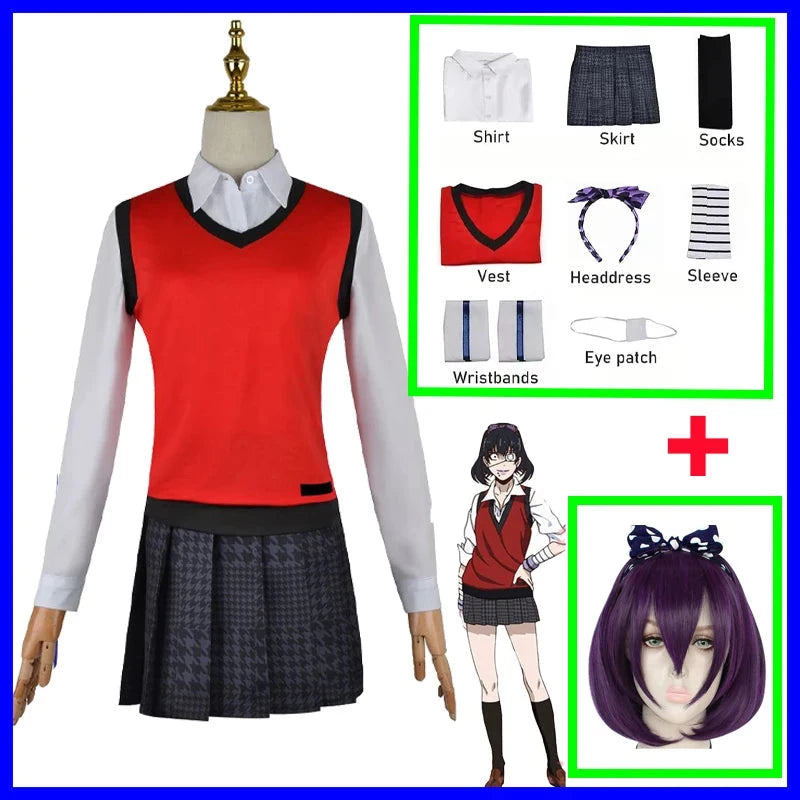 Anime Kakegurui Cosplay Costume Kirari Momobami Uniform Yumeko Sayaka Compulsive Gambler Japanese School Girl Pleated Skirt Suit SS69 80.69 custume wig 3 / XS（old） / Anime Kakegurui
