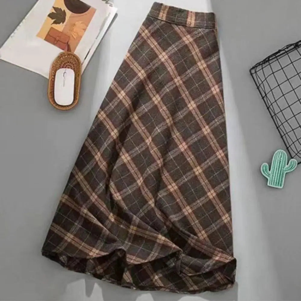 Elegant High Waist Retro Plaid Skirt Winter Autumu Classical High Waist Long Skirt Slim Fit Preppy Style A-line Half Dress Party
