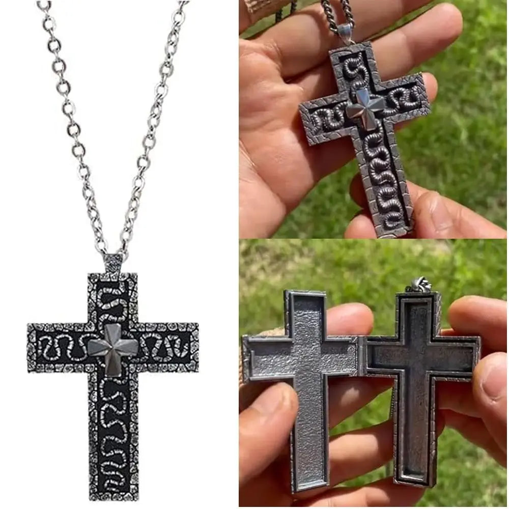 with Secret Compartment Cross Pendant Necklace Openable Stainless Steel Chain Pendant Necklace Vintage 3D Printed Charm Jewelry SS69