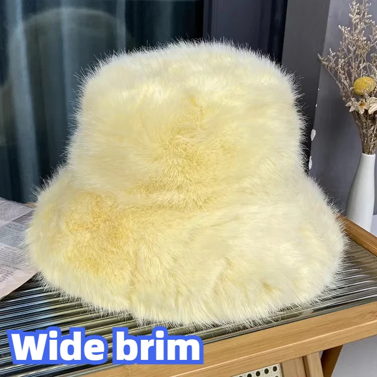 2025 Fluffy Faux Fur Bucket Hats Women Rabbit Fur Warm Thick Plush Winter Hat Lady Fashion Luxury Panama Furry Fisherman Cap Y2k