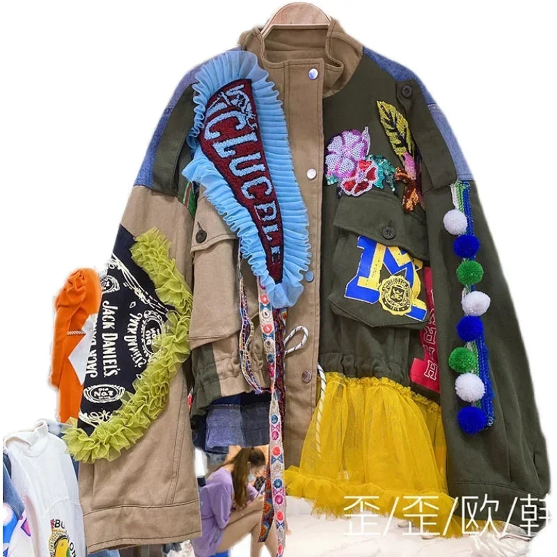 Women Floral Embroidery Sequined Trench Coats Mesh Spliced Ruffles Denim Jacket Hairballs Tassels Jeans Cardigan Streetwear Tops SS69