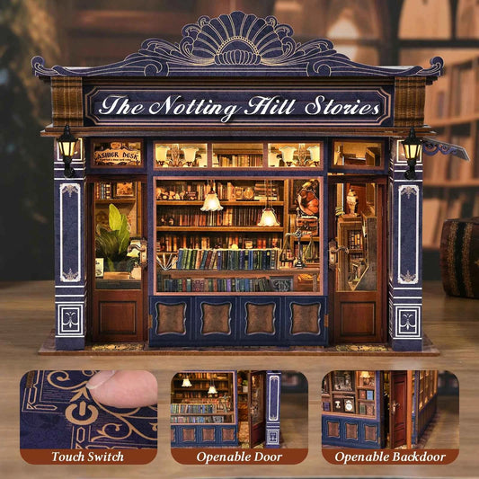 DIY Book Nook Kit Notting Hill Bookstore Wooden  Bookshop Dollhouse with Light Bookshelf Insert 3D Puzzle Decor for Gift