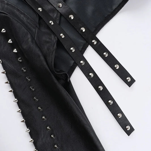 Punk Faux Leather Cropped Jacket Women Spring 2024 Streetwear Sexy Slim Fit Rivet PU Blouse Top