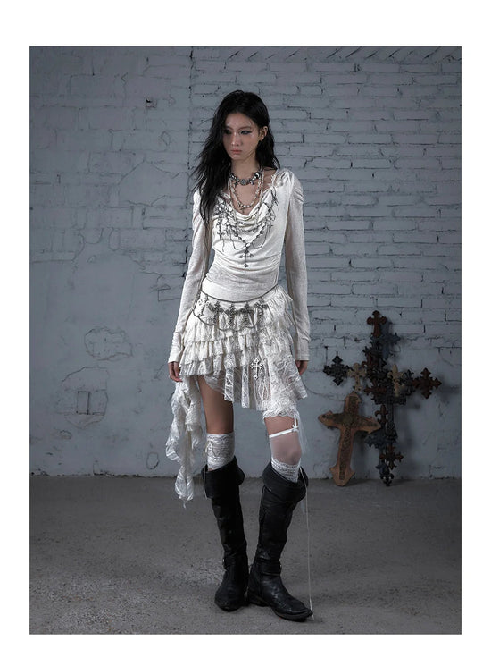 NO ROMANCE Fairy Sexy Punk Printing Half Transparent Lace Patch Knitted Long Sleeve Hooded Dresses Rock Gothic Design Vestidos SS69