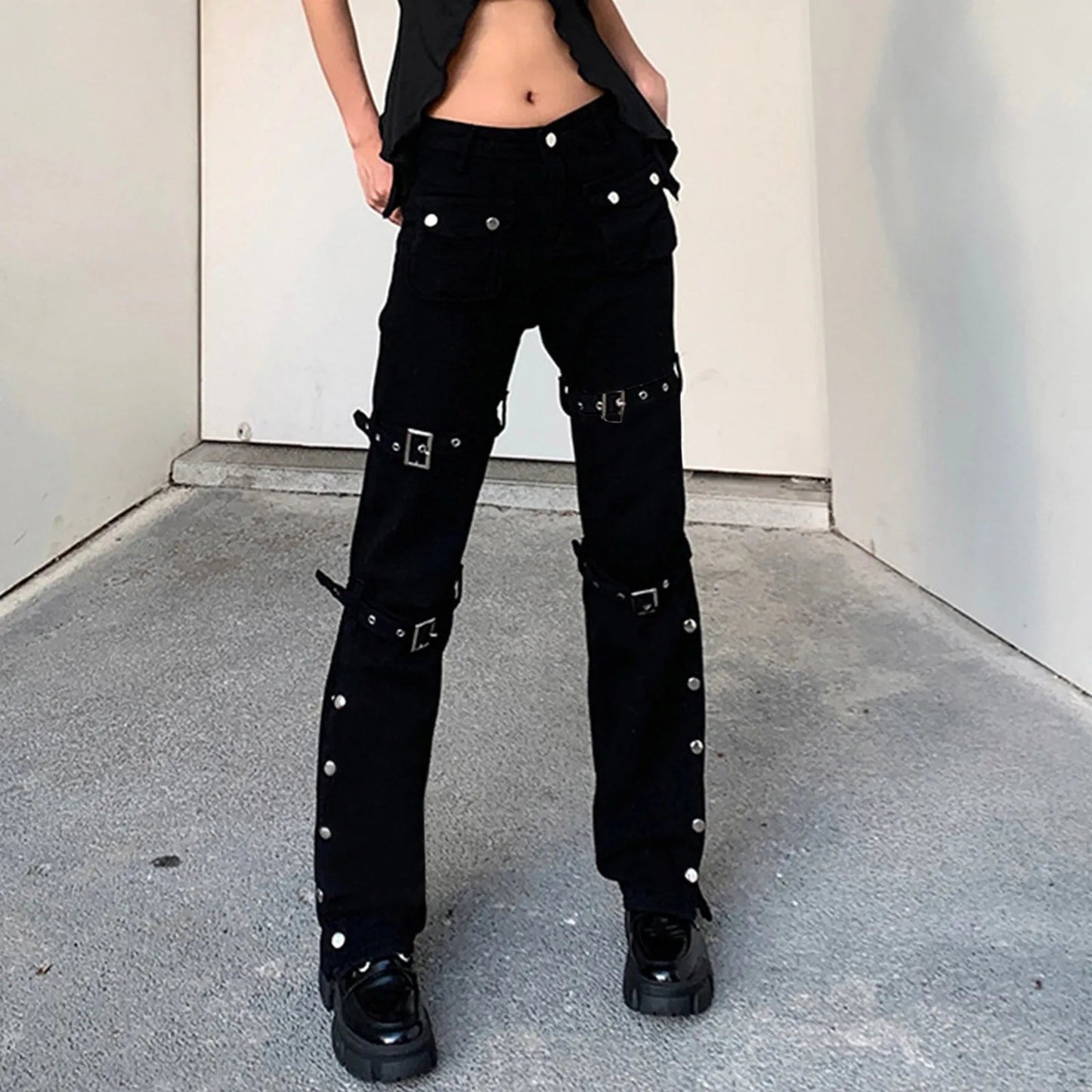 Streetwear Y2k Flared Jeans Women's Fashion Wide Straight Leg Punk Cargo Jean Baggy Pants Goth Trousers Streetwear With Pockets SS69