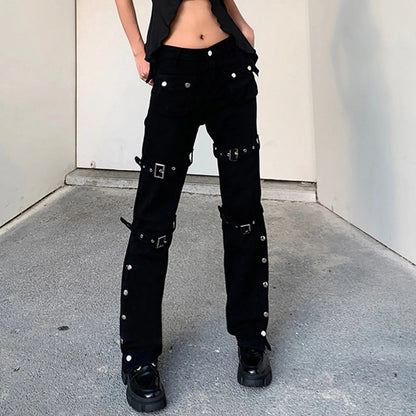 Streetwear Y2k Flared Jeans Women's Fashion Wide Straight Leg Punk Cargo Jean Baggy Pants Goth Trousers Streetwear With Pockets SS69