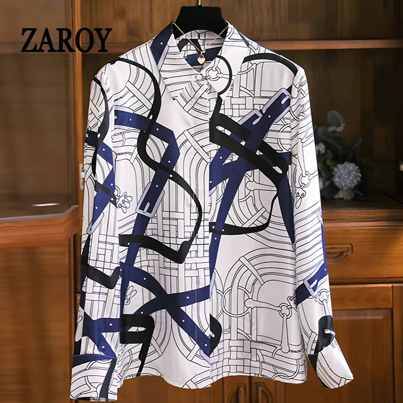 Camisas Newest Exclusive Women Luxury Shirt Long Sleeve Lapel Satin Shirt Old Money Print Brand Design Shirt OL Blouse руба