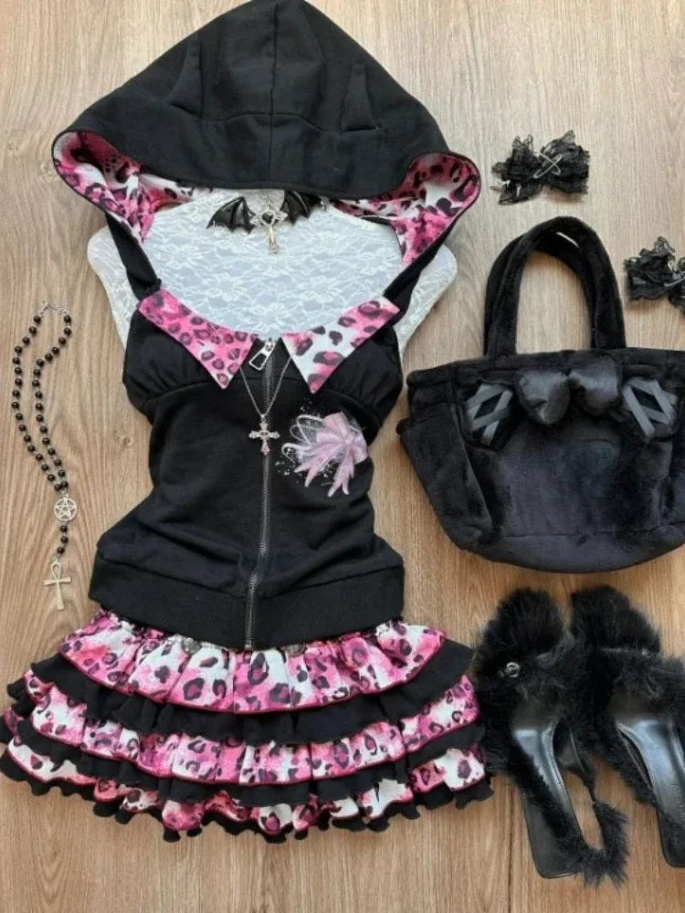 Japanese Sweet Bow Slim Lolita Zipper Hoodie Tops Women+ High Waist Leopard Print Patchwork Cake Skirts Y2K Skirt 2 Piece Sets SS69 26.69 Top skirt set / S